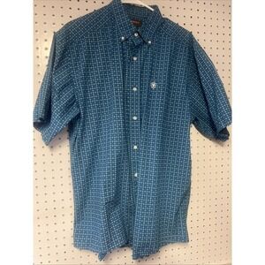 Ariat Western Shirt Short Sleeve‎ Men Large Blue Geometric Blue